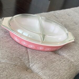 Pyrex Pink Daisy Divided Casserole with Glass Lid
